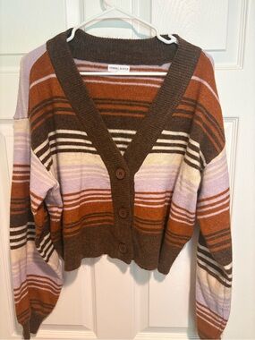 Kendall & Kylie Cropped Striped Button Cardigan in Brown, Rust & Lavender